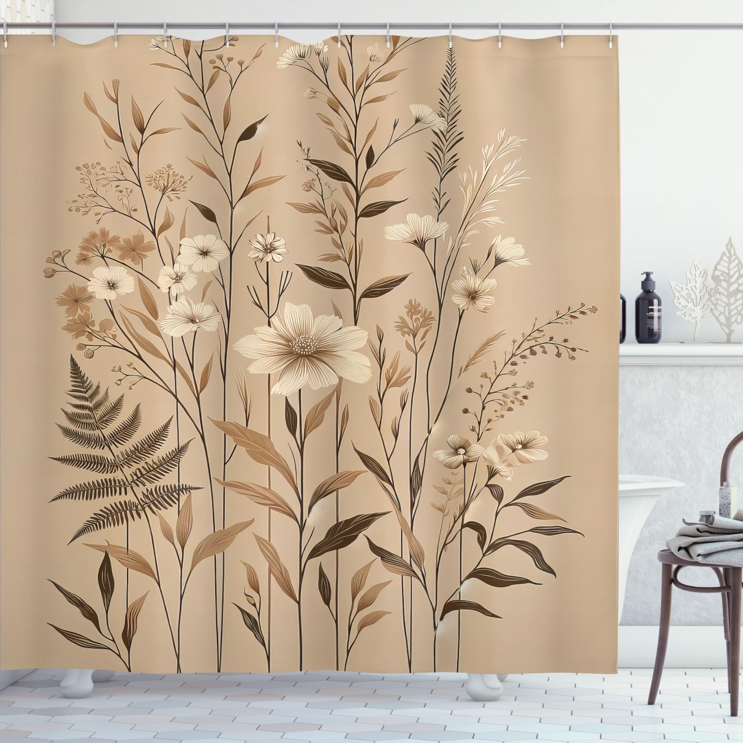 Ambesonne Tan Shower Curtain, Romantic Boho Nostalgic Minimalistic Monochromatic Wild Flowers Painting Print, Cloth Fabric Bathr